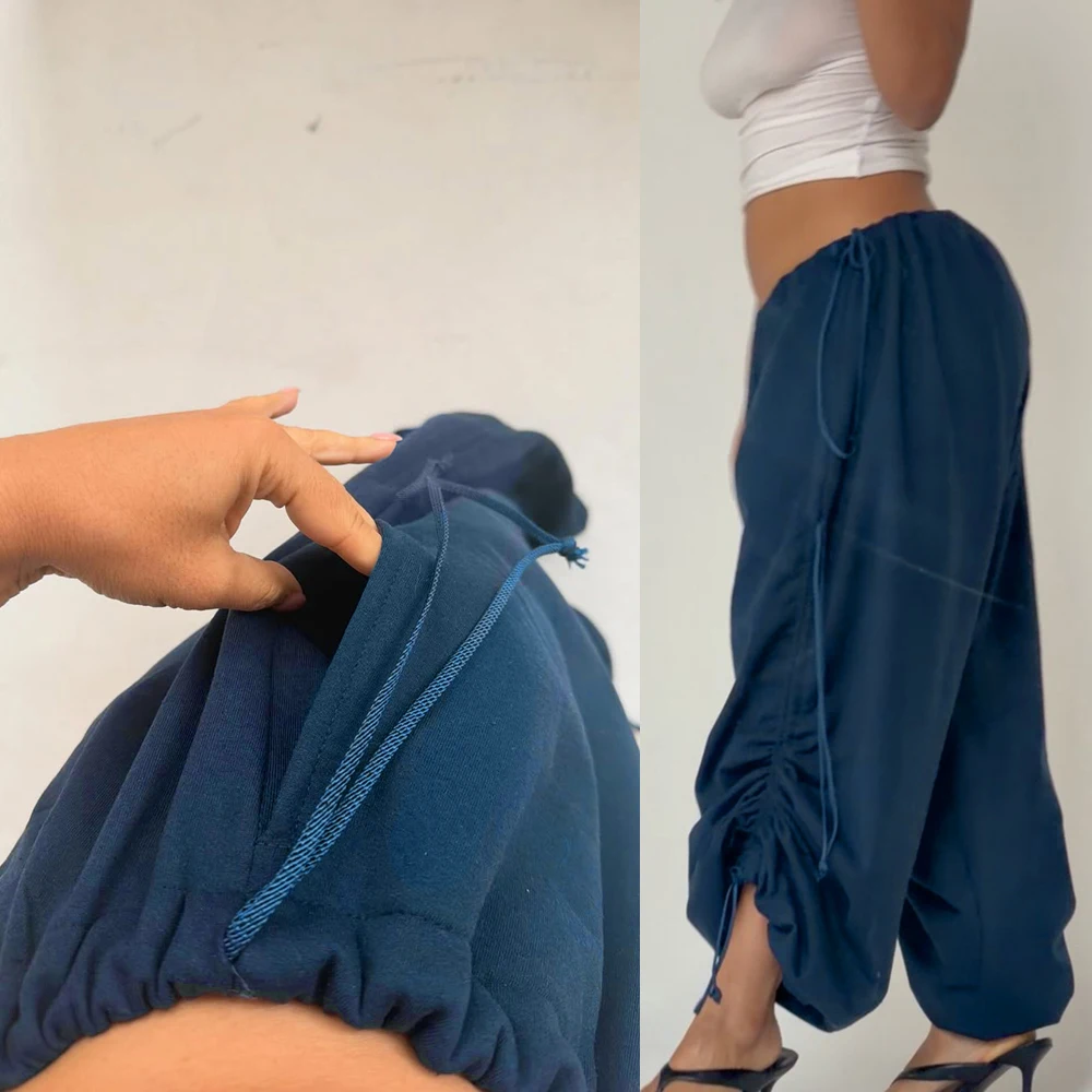 Damen Y2K Baggy Weite Hose mit Elastischem Bund und Verstellbarem Kordelzug, Lässige Lose Bodenlange Hose, Streetwear, Übergröße – Detail 3