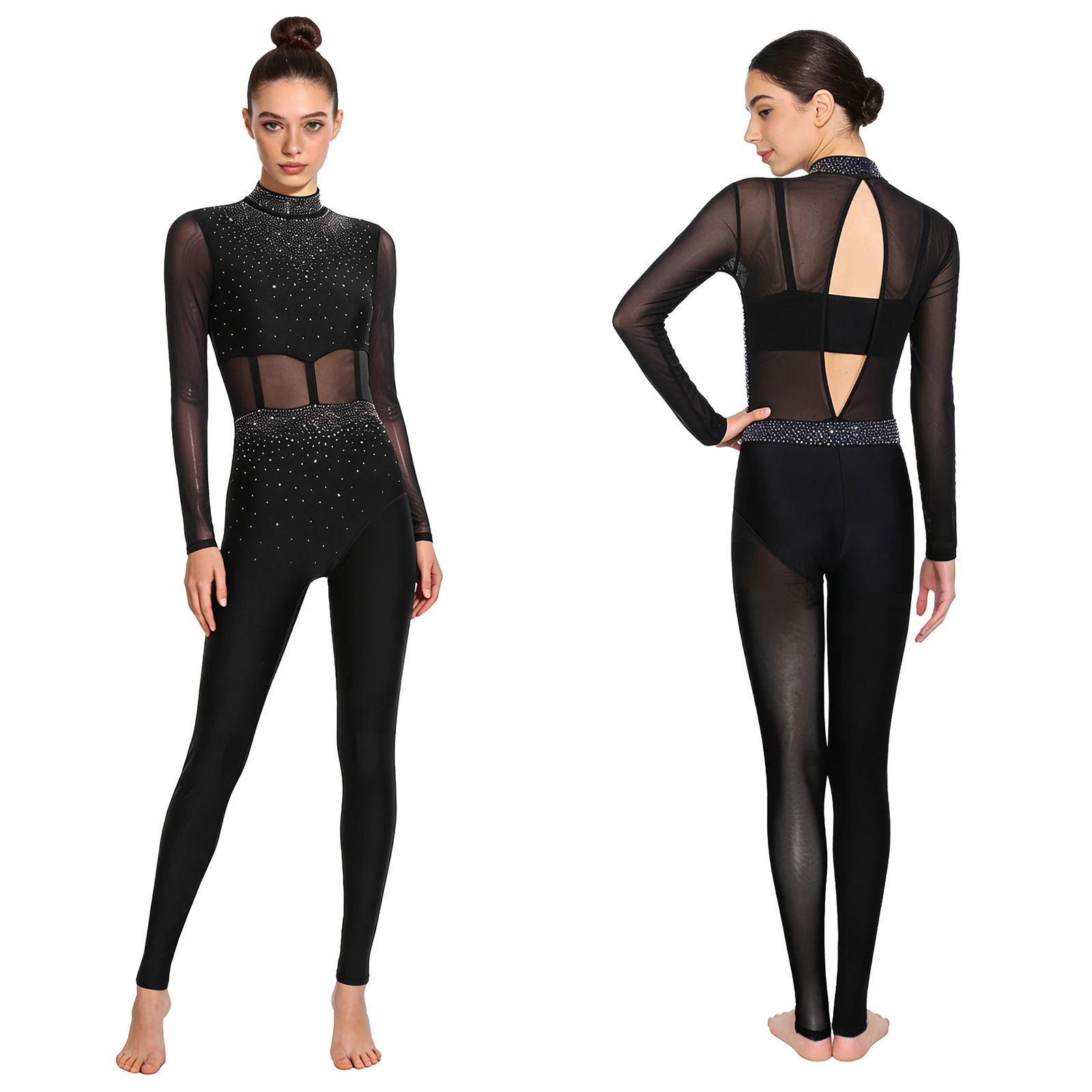 Damski strój baletowy, gimnastyczny, unitard, body z dżetami, przezroczysta siateczka, strój do łyżwiarstwa figurowego, body na występy.
