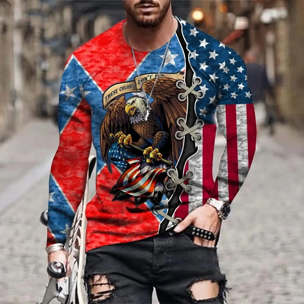 Men Spring Autumn American Flag Eagle Print T-Shirt Fashion Personality Interesting Large Size Round Neck Long Sleeve Loose Top