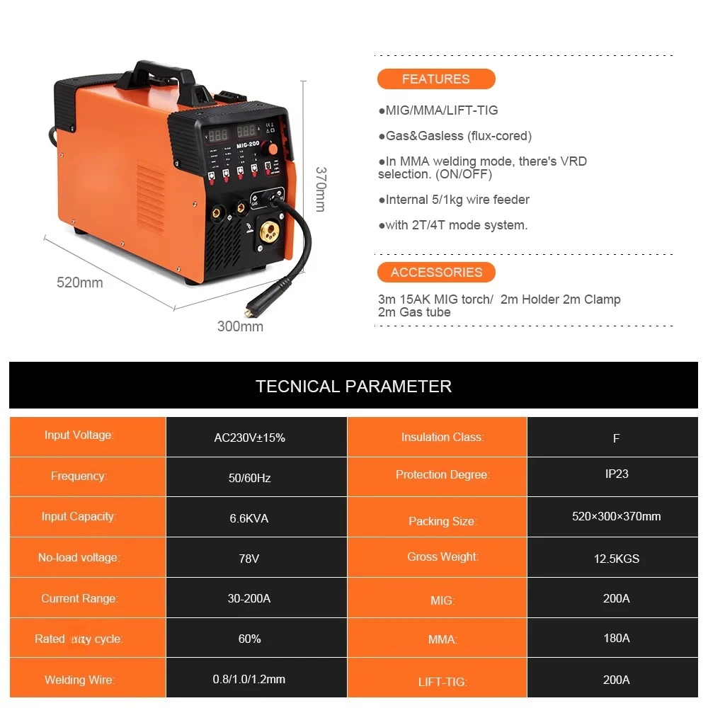 New High Quality MIG-200I 230V Single Phase Portable MIG/MMA/TIG 30% Cycle 3.5KW 15-120A Stainless Steel Iron IP21S