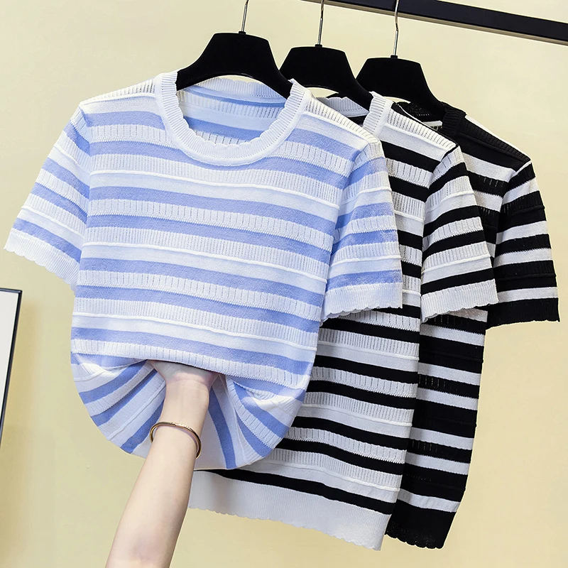 

Summer Stylish Stripe Loose Knit Sweater Tops Women Short Sleeve O-neck Pullover Vintage Streetwear Fashion Chic Knitwear Tshirt