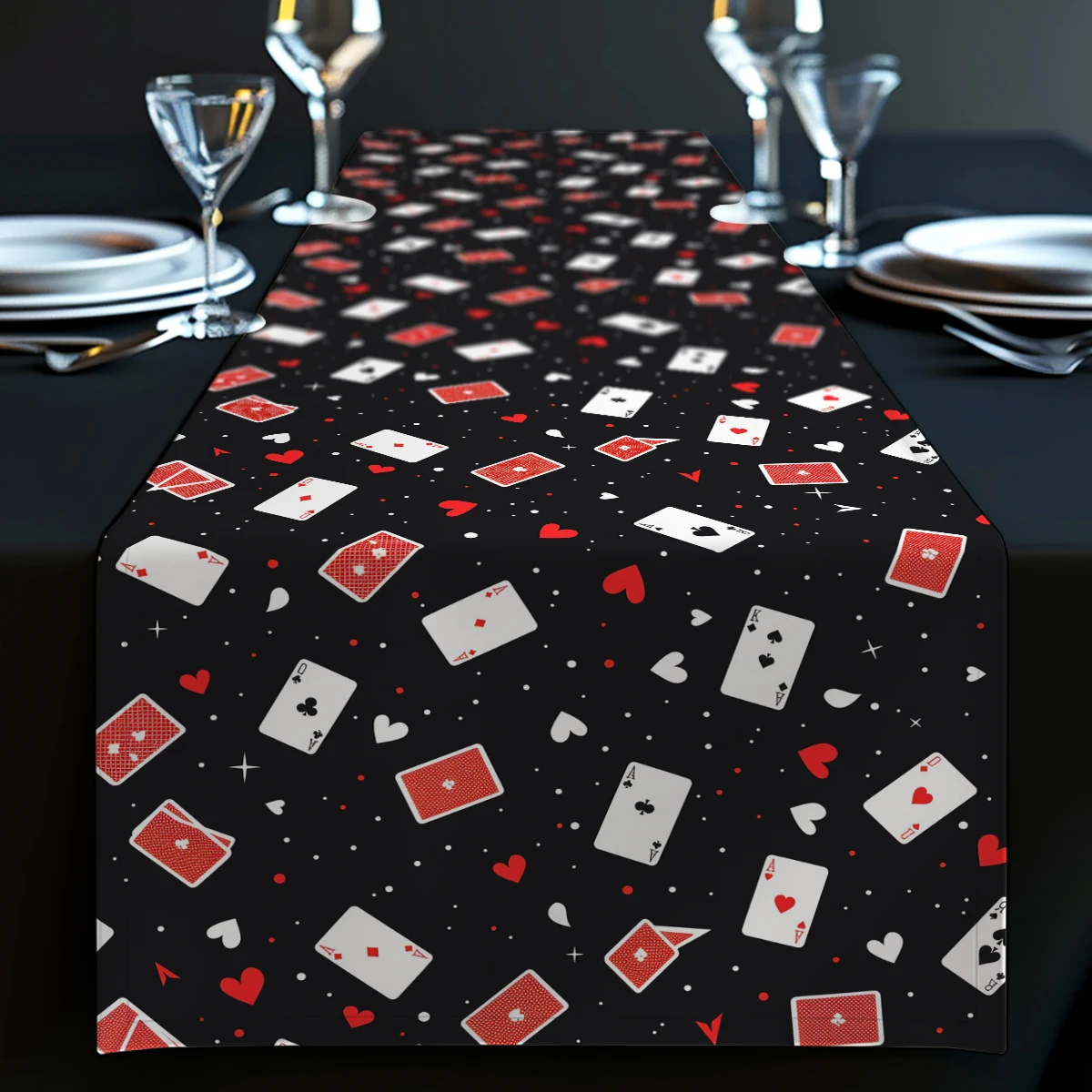 Playing Cards Spades Hearts Clubs Table Runners Dresser Decor for Kitchen Holiday Party Table Runner Washable Dining Long Cloth