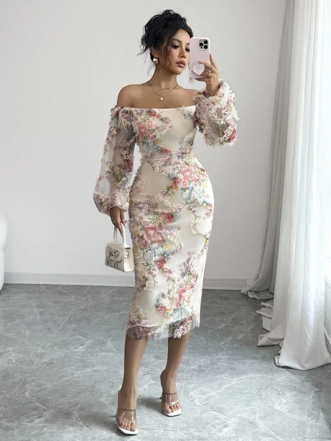 

Off-Shoulder Floral Ruffle Midi Dress with Sheer Sleeves and Cinched Waist