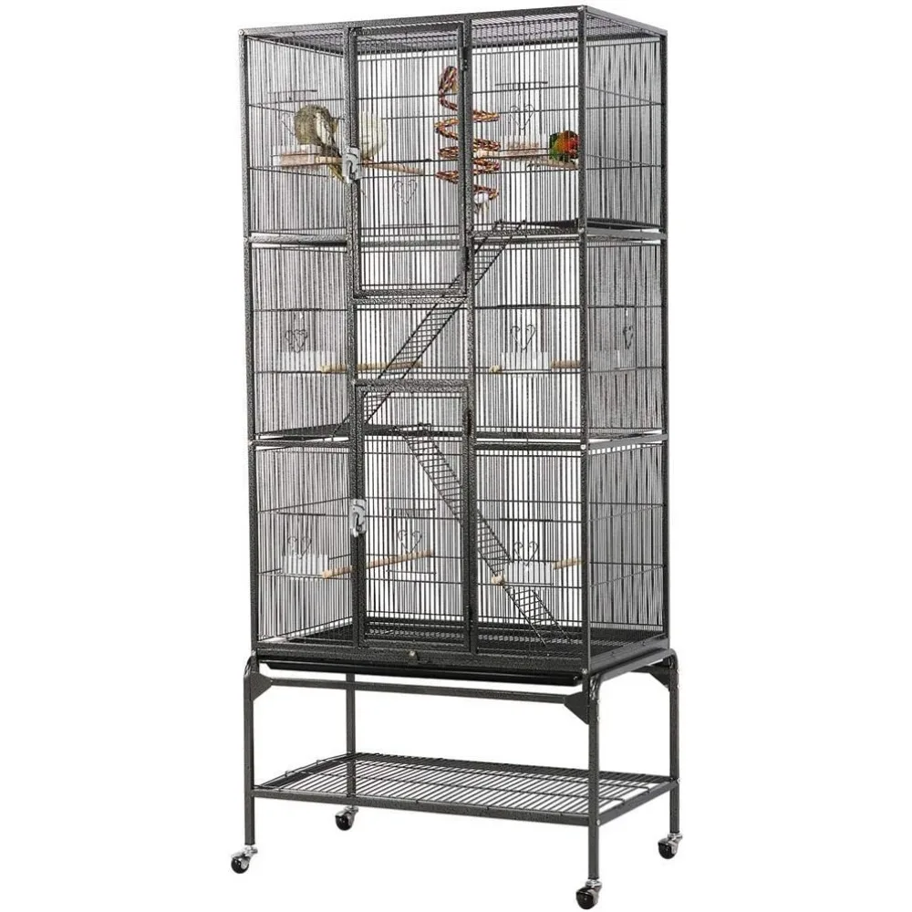 

3 Level Wrought Iron Large Parrot Bird Cage for 3 Parakeets with Detachable Stand, Black