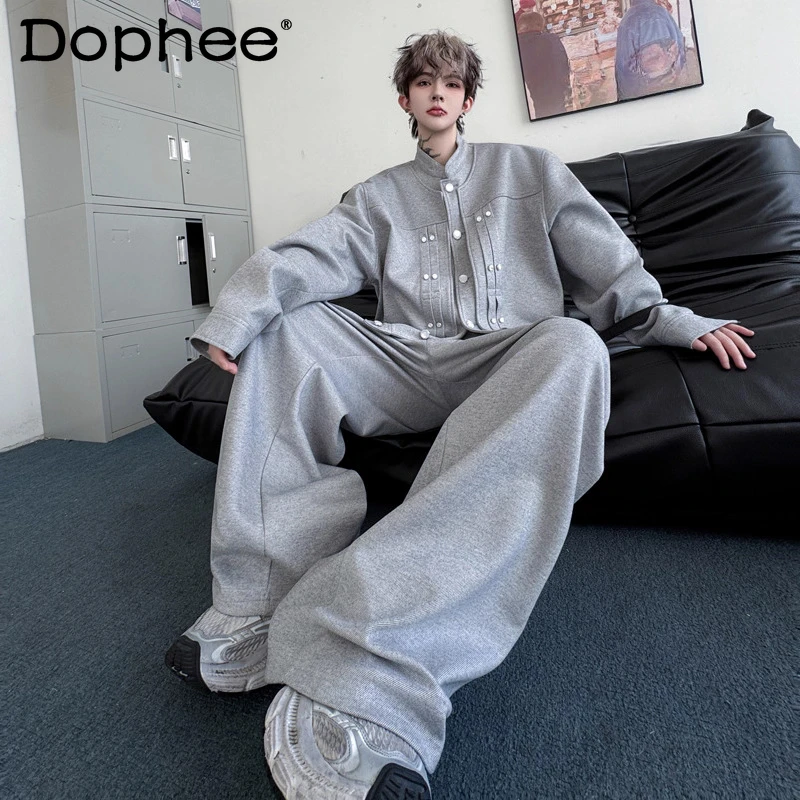 

Men's 2025 Autumn New Double Collar Pleated Beaded Design Sweatshirt Sets Men's Simple Trendy Wide-Leg Long Pants Two-Piece Sets