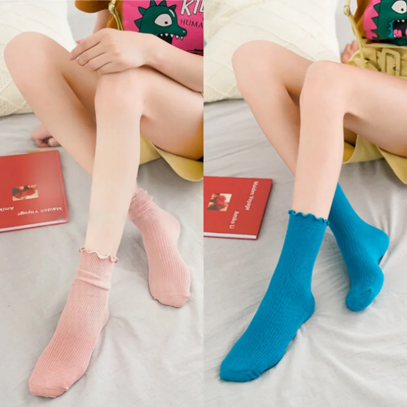 

1/3/5 пар женских носков с кружевной отделкой и рюшами, хлопковые носки до середины икры, однотонные винтажные носки принцессы Kawaii, весна-осень