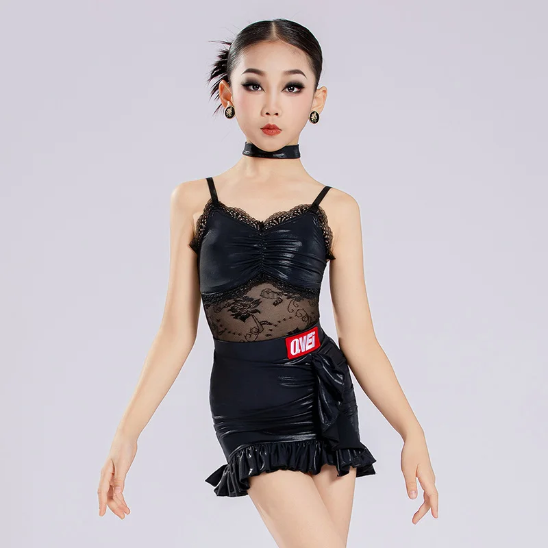 

Kids Girls Latin Dance Costume Lace Strape Backless Bodysuit and Skirt for Children Split Training Outfit Ballroom Dancewear