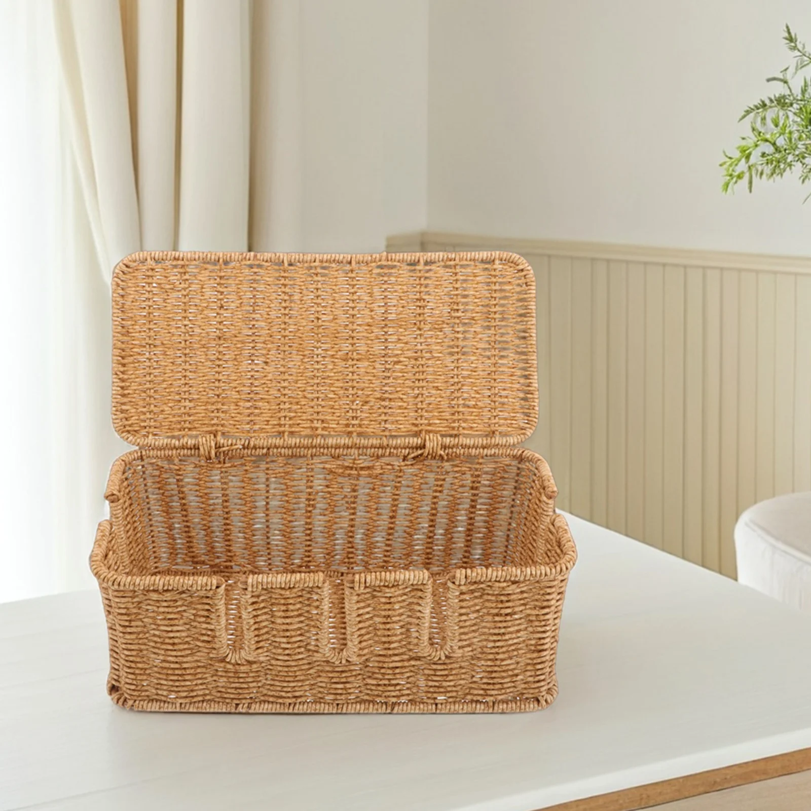 Desktop Cable Organizer Box Imitation Rattan Cord Management Storage Basket for Office Home Use Power Strip Holder with