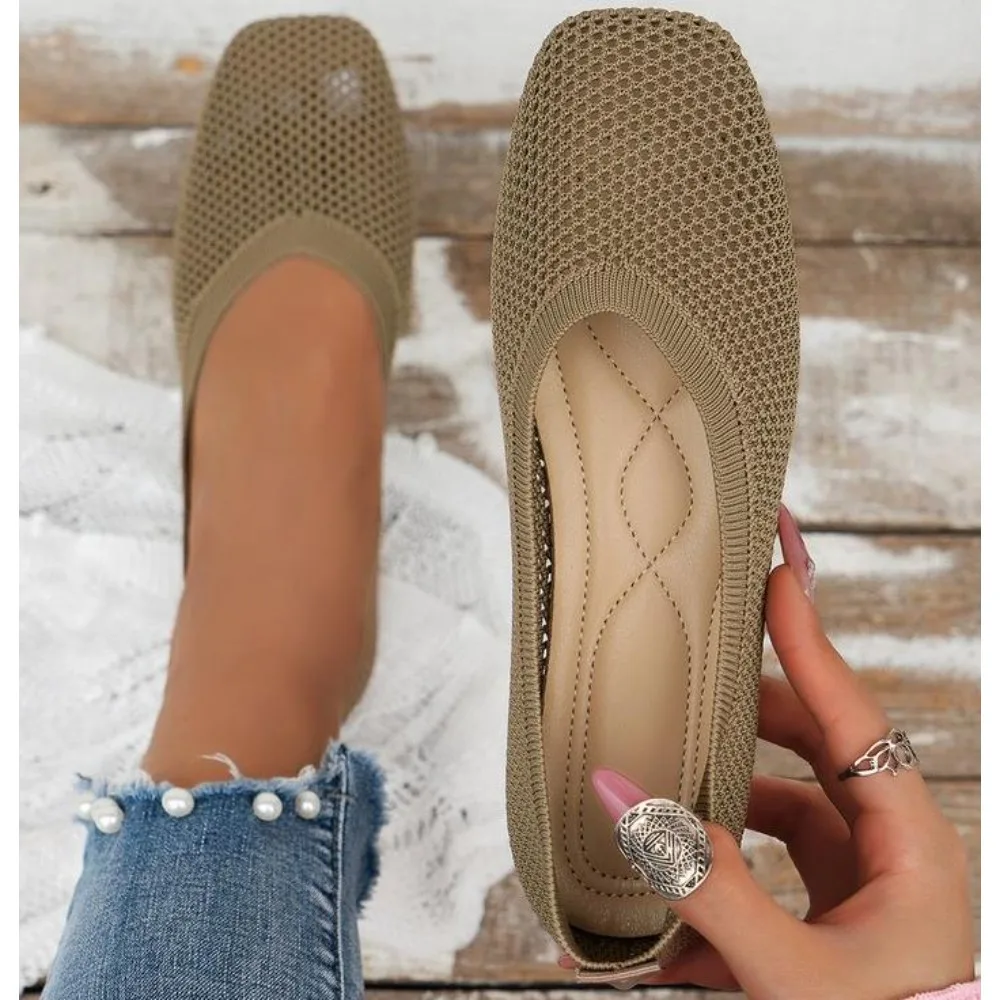 

Women Solid Mesh Casual Shoes Summer Breathable Square Toe Hollow Fly Weaving Comfort Light Soft Walkers Flats Zapatos De Mujer