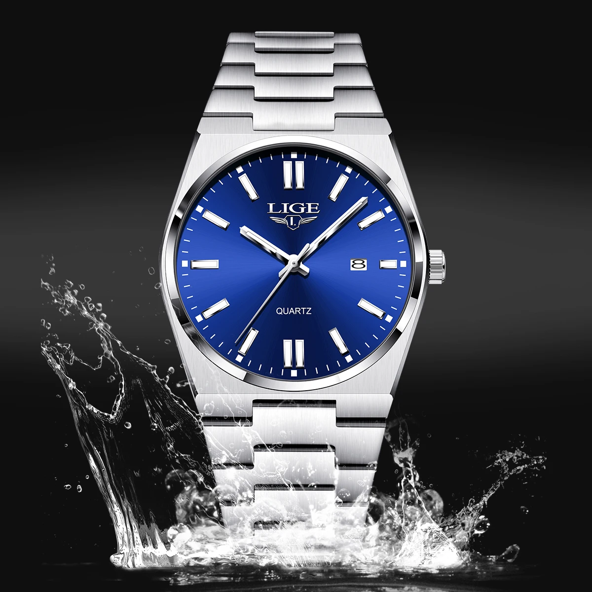 LIGE Fashion Business Brand Original Men Watches Steel Strap Trend Date Calendar Quartz Watch Luminous Waterproof Blue Clock