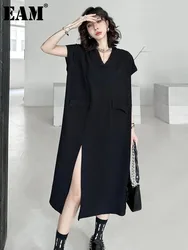 [EAM] Women Black Brief Thin Hem Slit Casual Big Sie Midi Dress New V-Neck Sleeveless Fashion Tide Spring Summer 2024 1DH5029