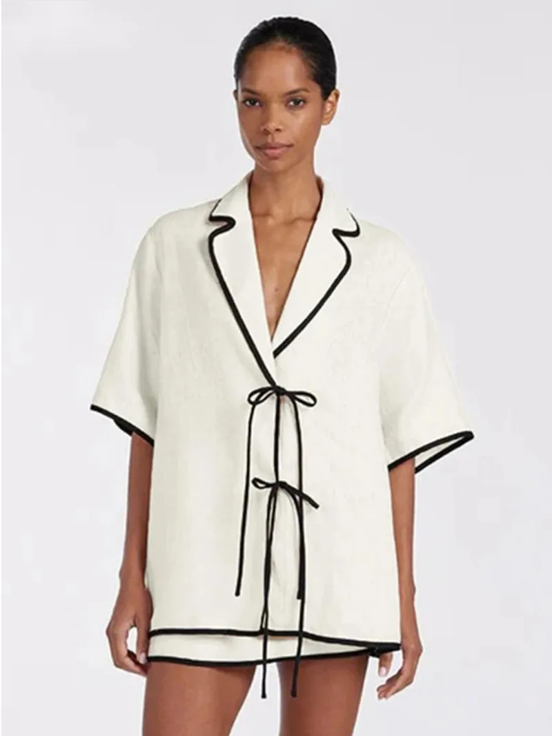 

Летний свободный бежевый хлопковый комплект из 2 предметов, женский наряд, 2025 г., повседневная рубашка с короткими рукавами и мини-юбкой с высокой талией, женский комплект L6ZQ