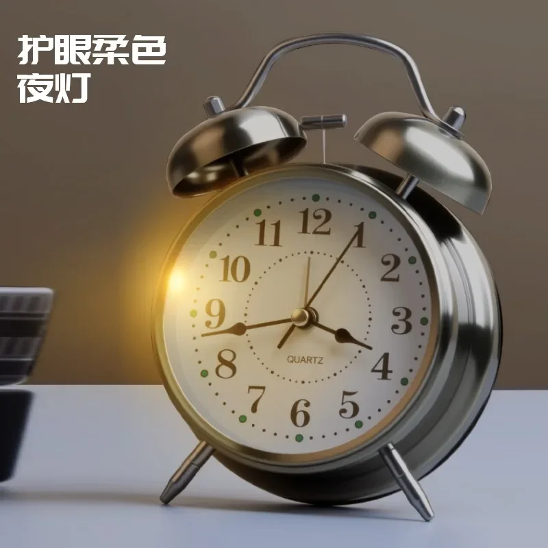 Nordic Metal Pointer Alarm Clock Big Ringtone Student Wake-up Alarm Watch Electroplating Shell Bedroom Bedside Decorative Clock