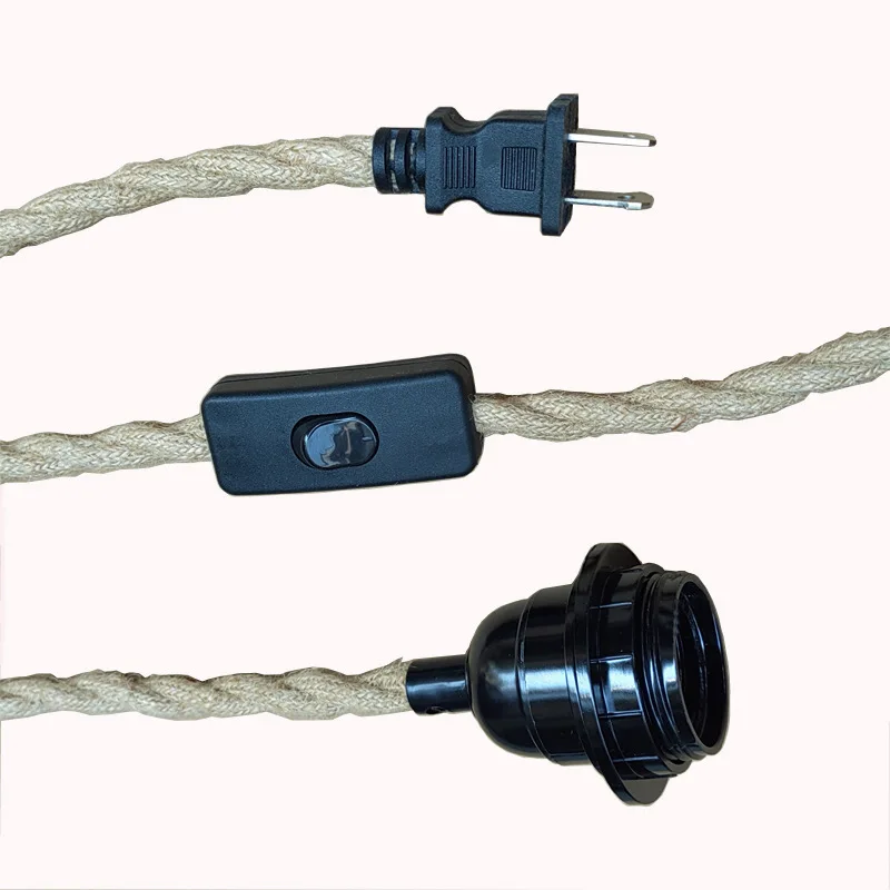 Cable de alimentación de cáñamo E26 E27, portalámparas, enchufe europeo con interruptor, cable de enchufe de bombilla Edison, 2M, 2,5 M, 4M