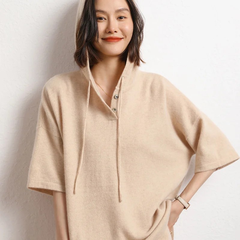 Women 100% Cashmere Sweater 2023 New Short Sleeve Knitted Pullover Hooded Pullover Shirt Girl Clothes Loose Large Size Top