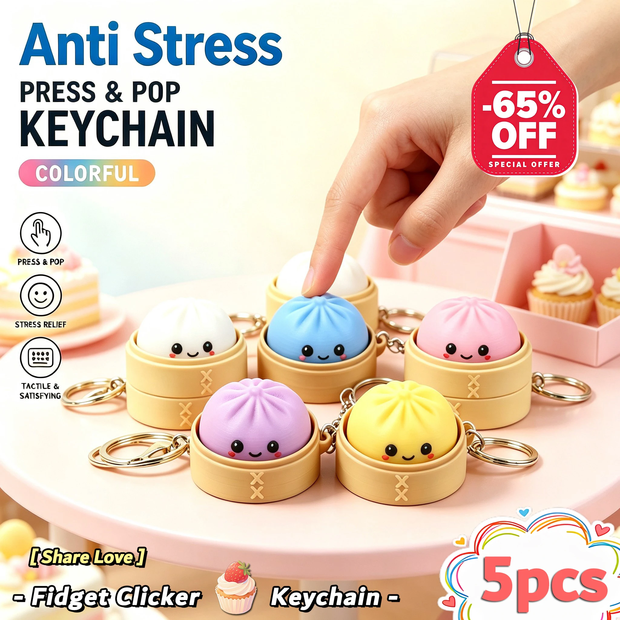 1~5Pcs Dumplings Fidget Keyboard Keychain 3D Printed Cute  Anti Stress Fidget Clicker Keyring Christmas New Year Couple Gifts