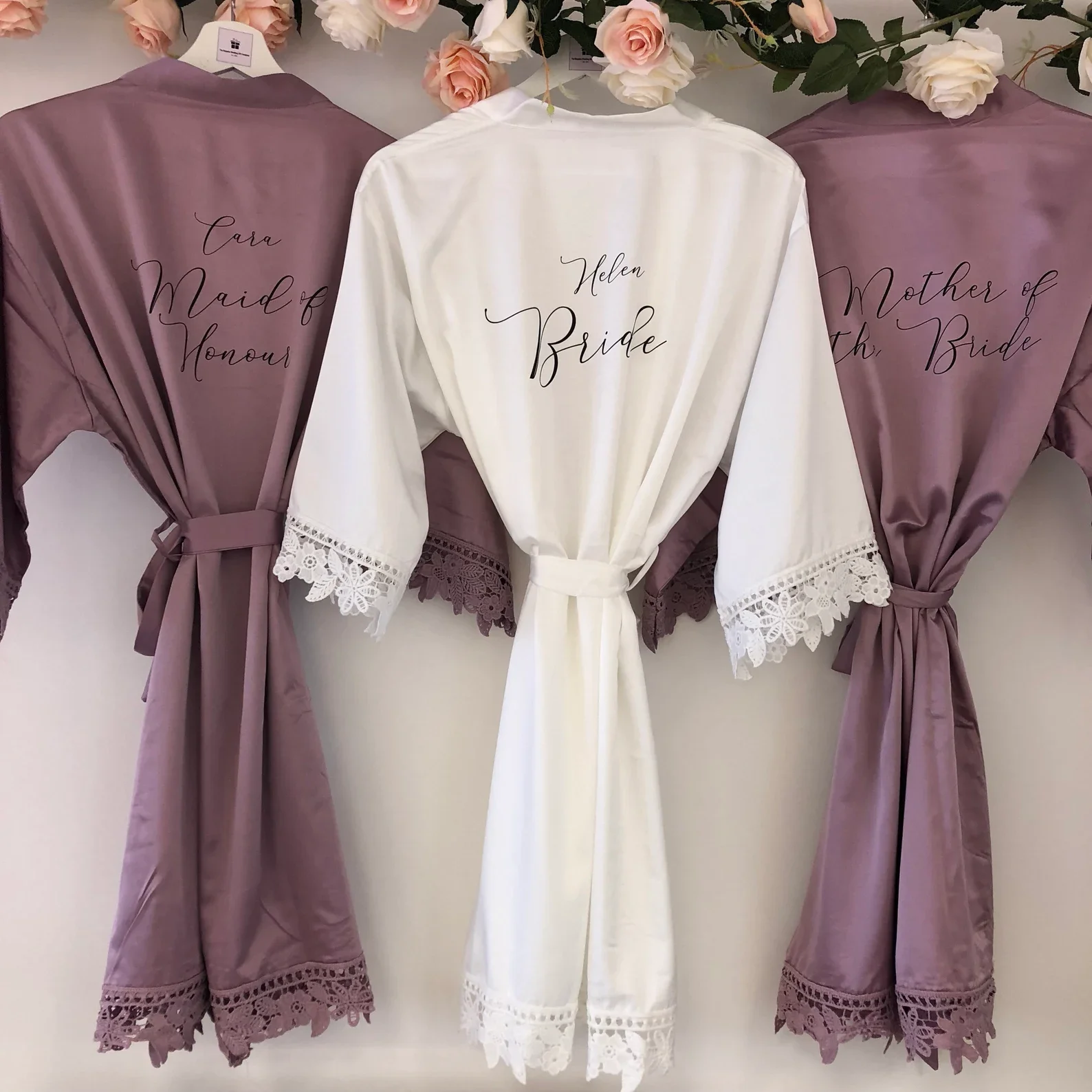 Personalised Name Satin Lace Bridal Robes Wedding Robe with Lace for Bridesmaids Gifts Custom Texts Dressing Gown Silk Kimono