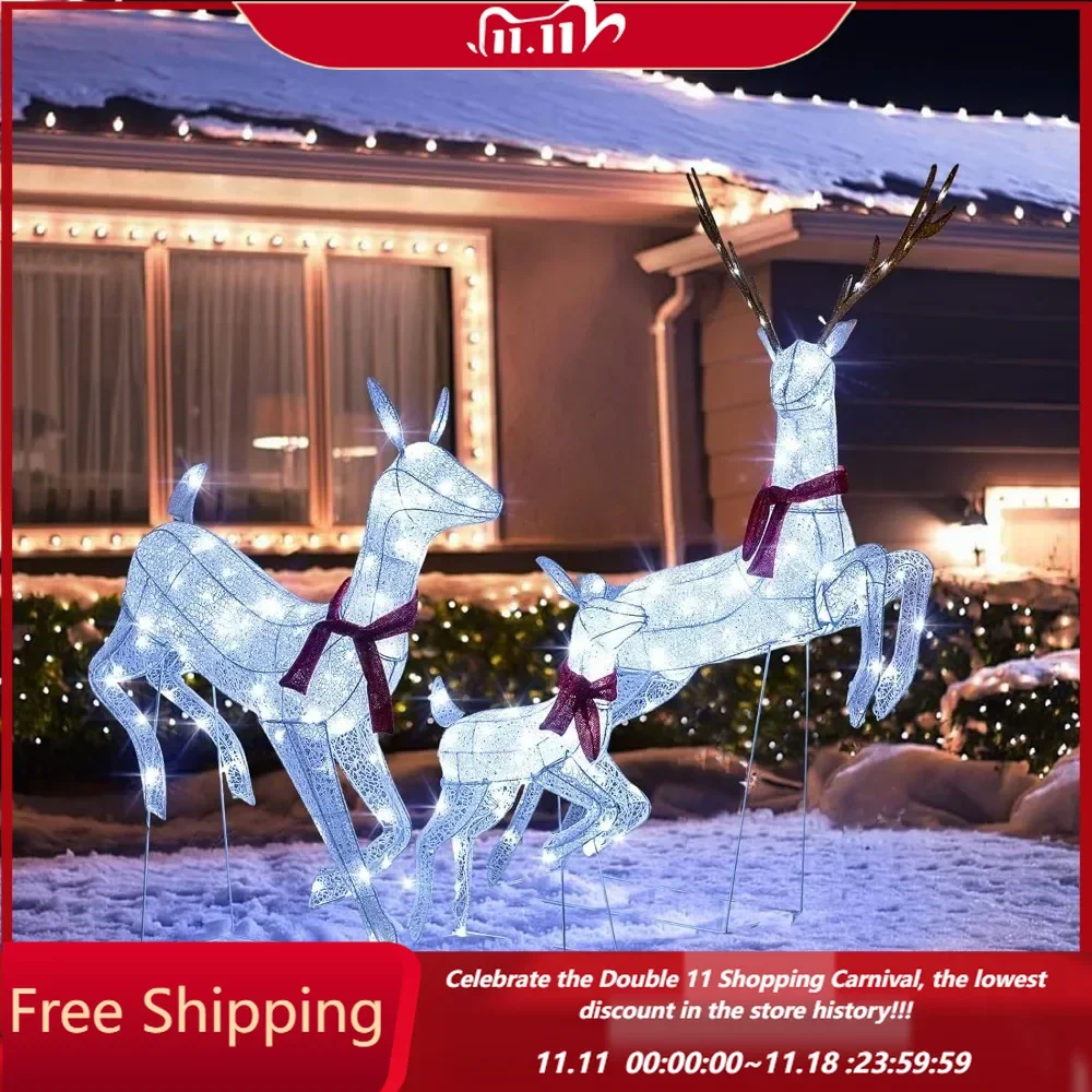 Christmas Lighted Reindeer Family Set, Xmas Pre-Lit Reindeer with 255 Cold White LED Lights, Ground Stakes & Zip Ties