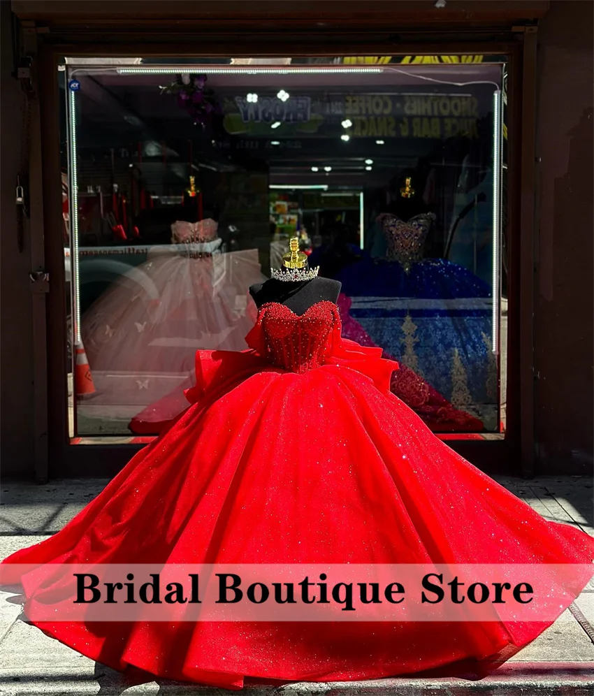 Luxury Red Quinceanera Dresses 2024 Ball Gown With Bow Beads Crystal Sweet 16 Dresses Birthday Party Gown Custom-Made