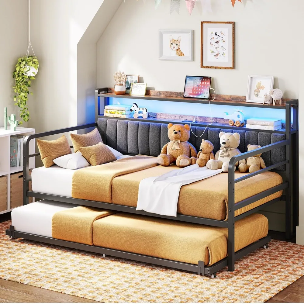 ANCTOR Daybed with Trundle, LED Lights and Charging Station, Twin Size Daybed with 2-Tier Storage Shelves and Upholstered Headbo