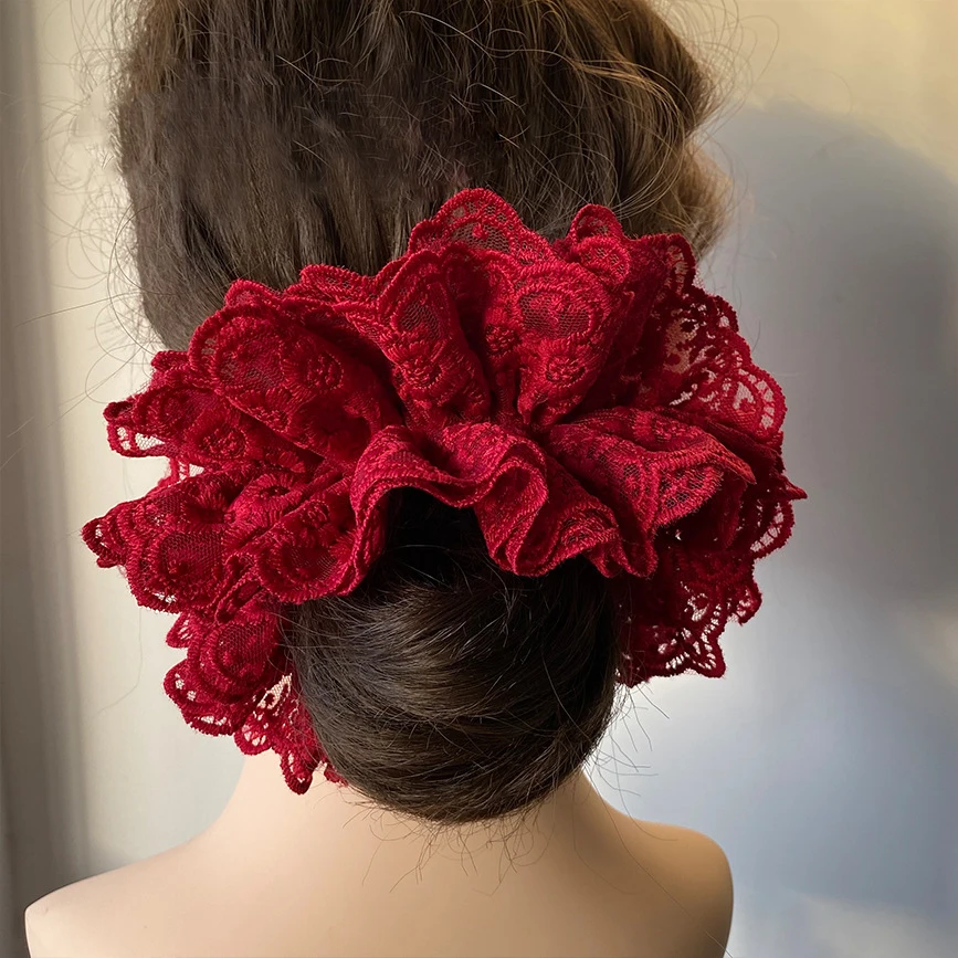 

Женская кружевная резинка для волос, красная винтажная повязка на голову, эластичная резинка для хвоста, аксессуар для волос, резинка-повязка, украшение для волос