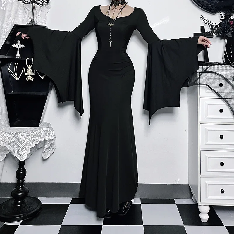 KIDCRKJ Halloween-Kostüm für Damen, Fledermausärmel, bodenlanges Kleid, Schwarz, Gothic, Evil Maxi Mistress, Morticia Addam Family, Damen-Outfit