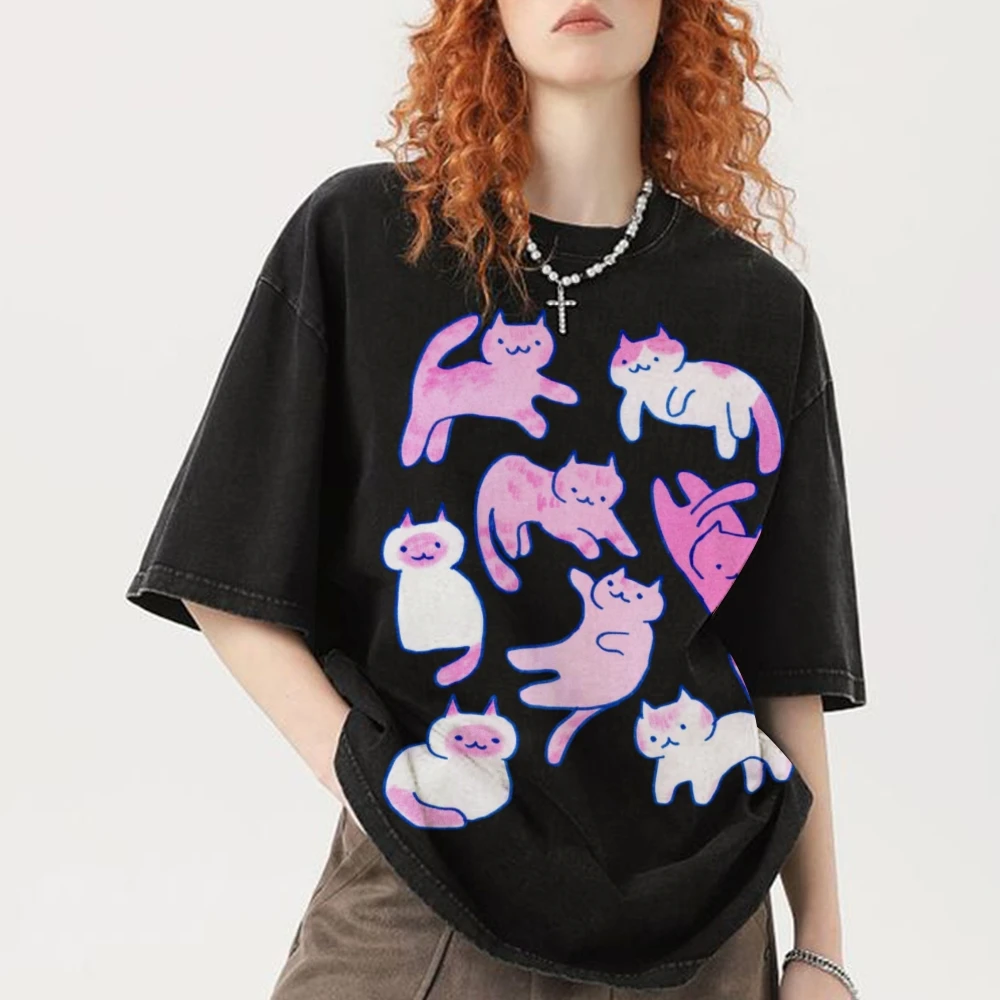 Cute Cat Printed Graphic T-Shirt Women's Y2k Style Trendy Cotton High-Quality Top Short-Sleeved Crew Neck Casual Fitness Tee