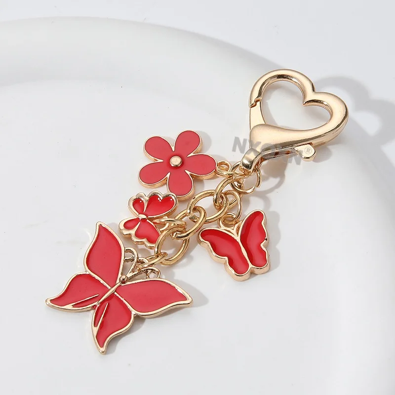 1pc Cute Cartoon Colorful Flower Butterfly Enamel Keychain Flying Insect Plant Key Ring For Women Girls Handmade Good Gift
