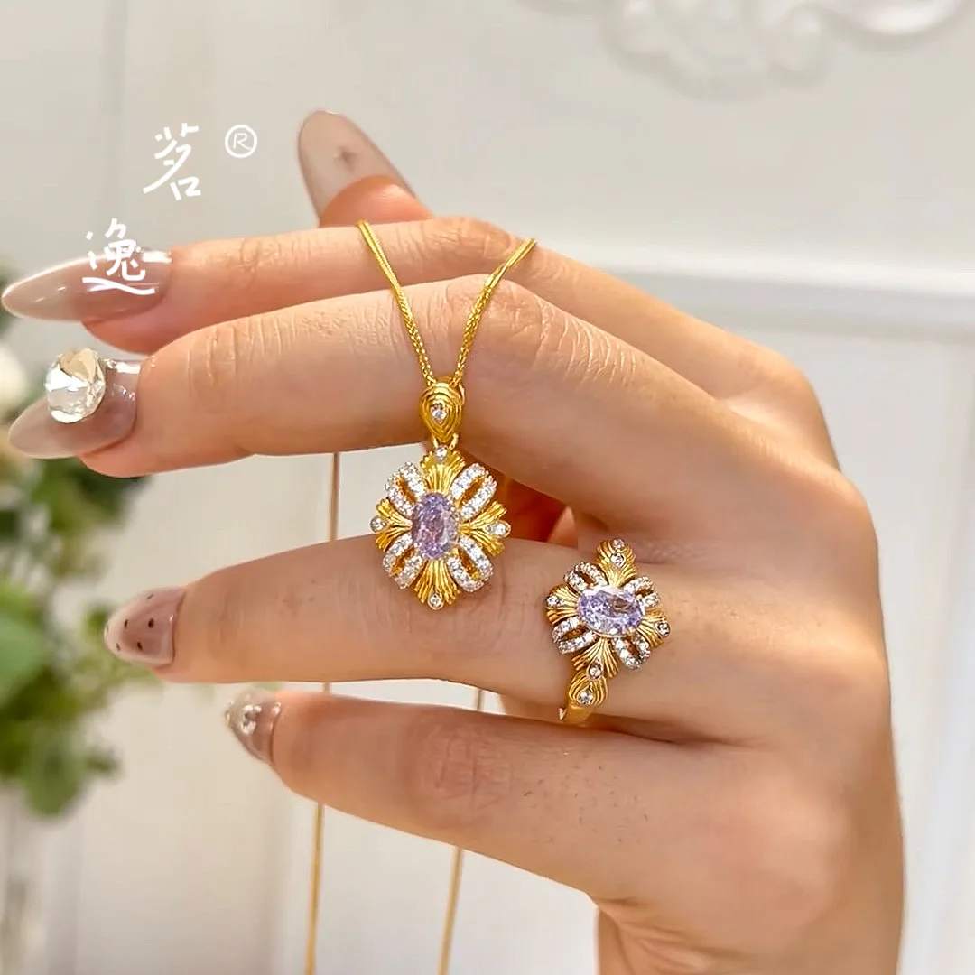 

Gold shop 24K real gold ancient method Bauhinia necklace au9999 pure gold noble elegant purple ribbon pendant