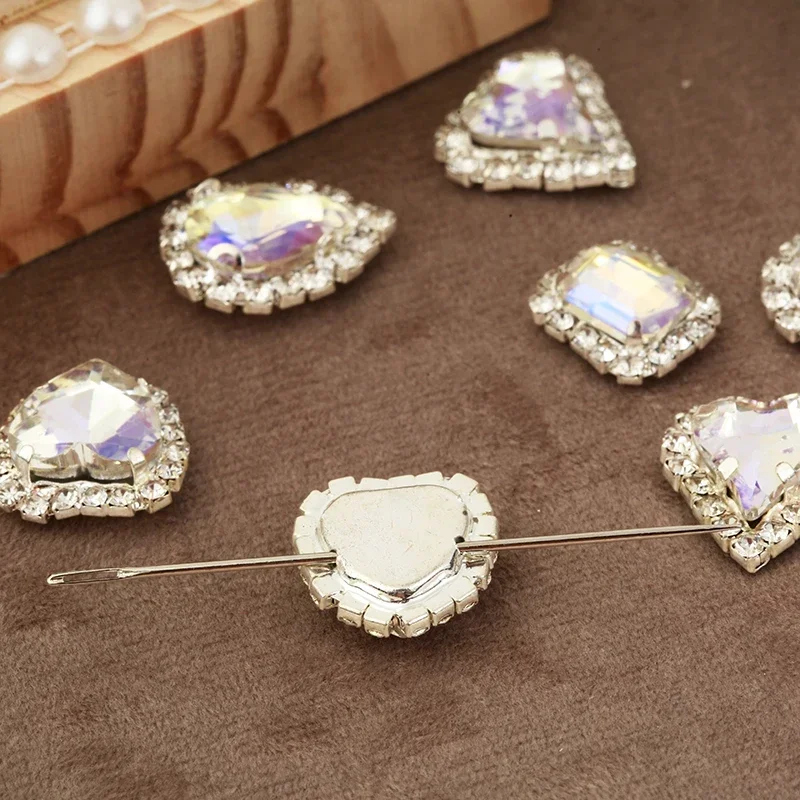 PEESOM New Arrival Mix Shape High Grade Crystal Buckle with Sliver Claw Sew on Stone Moonlight AB Color Diy Clothing Accessories