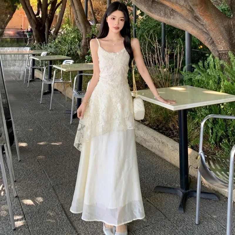 French Elegant Camis Dress for Women Fashion Lace Patchwork Irregular Midi Dress Summer New Beach Vacation Embroidered Vestidos