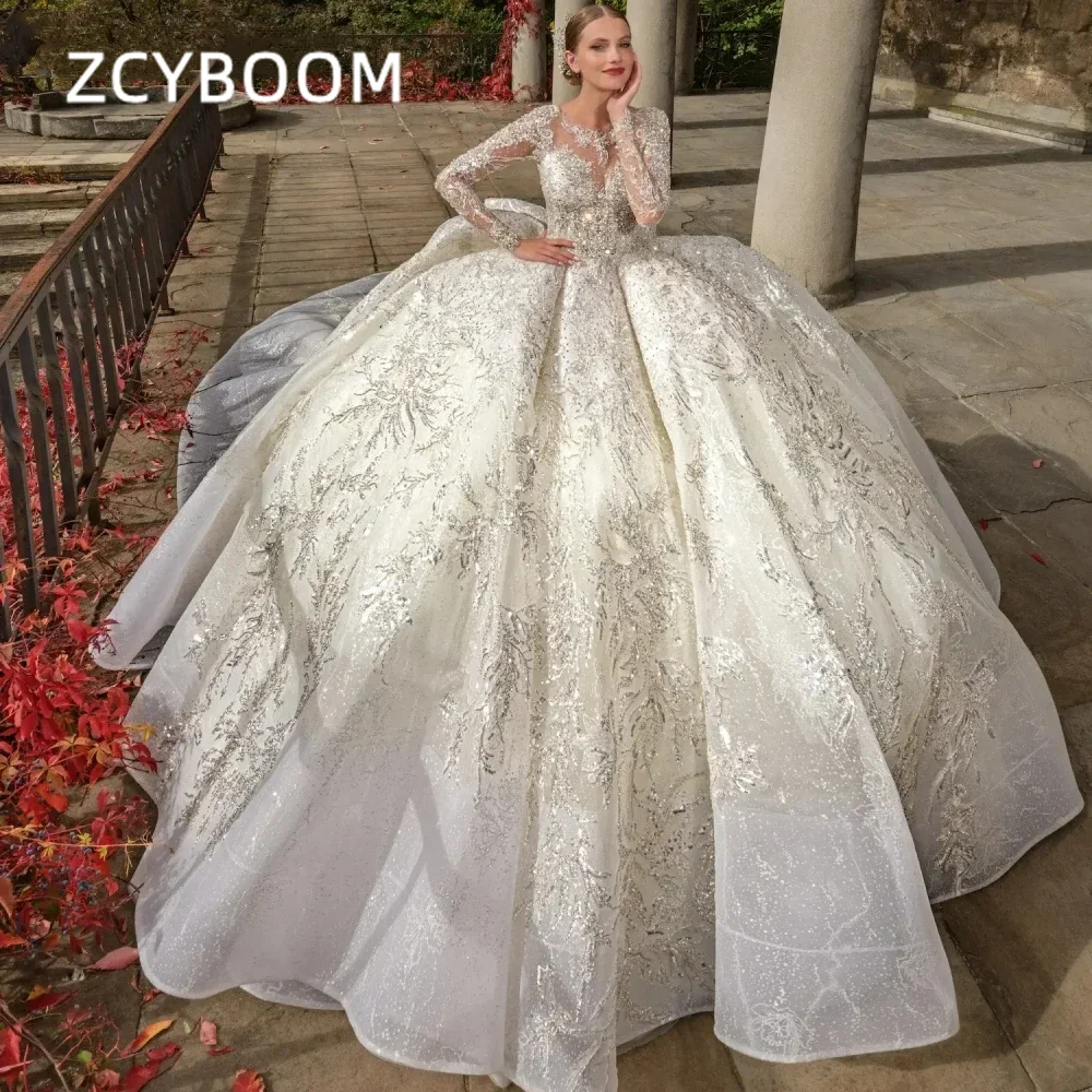 Customized Luxury Sweetheart Ball Gown For Bride Sequined Appliques Long Sleeves Wedding Dress Bridal Gown 2026 Vestido De Noiva