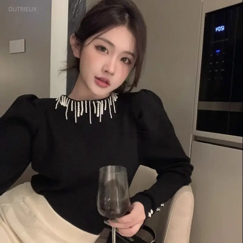Puff Sleeve T-shirts Solid Knitted Autumn Winter Beading Ropa De Mujer Korean Fashion Sweet Retro T Shirt For Women