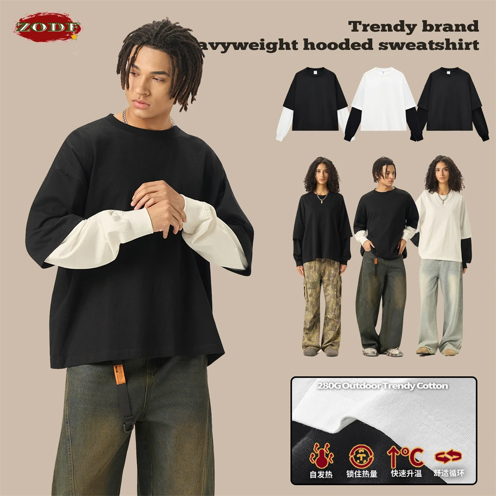 

ZODF Fashion Fake 2 Pieces Long Sleeve T Shirt For Man Unisex Loose Fit 280gsm 100% Cotton O Neck T-Shirt Brand Tops HY0062