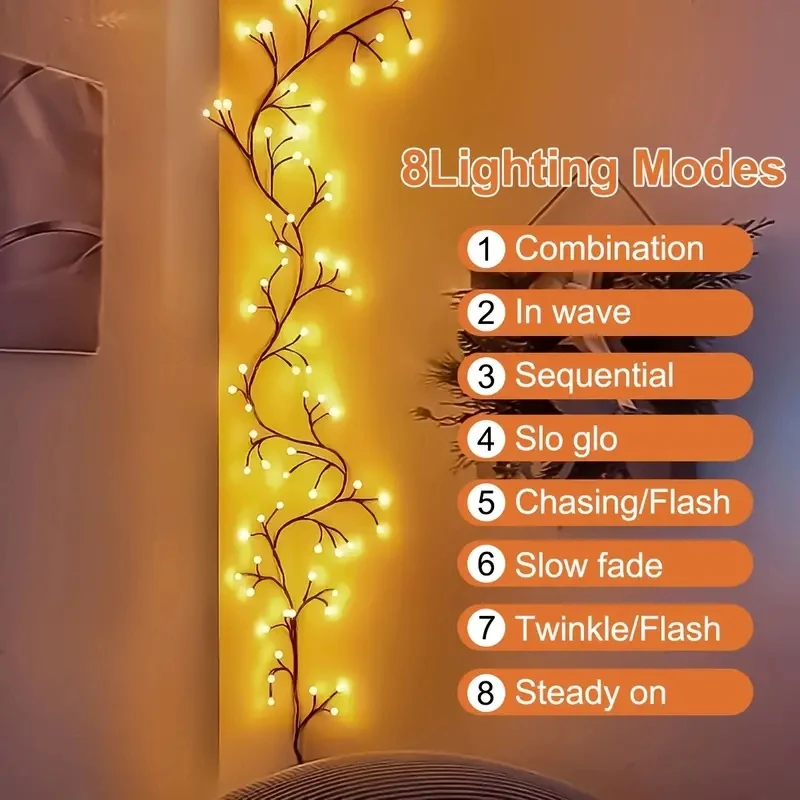 Branch Lights com Design Rattan Dobrável, USB, 48 LED, Decoração Interior, Perfeito para Festas de Natal, Iluminação de Parede do Jardim, 8 Modos
