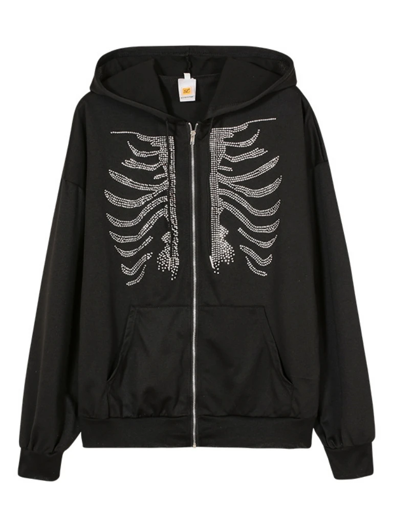 1pc Y2K スタイル レディース カジュアル フード付きジャケット ラインストーン スケルトン プリント付き、長袖ニット ポリエステル パーカー ジッパー付き