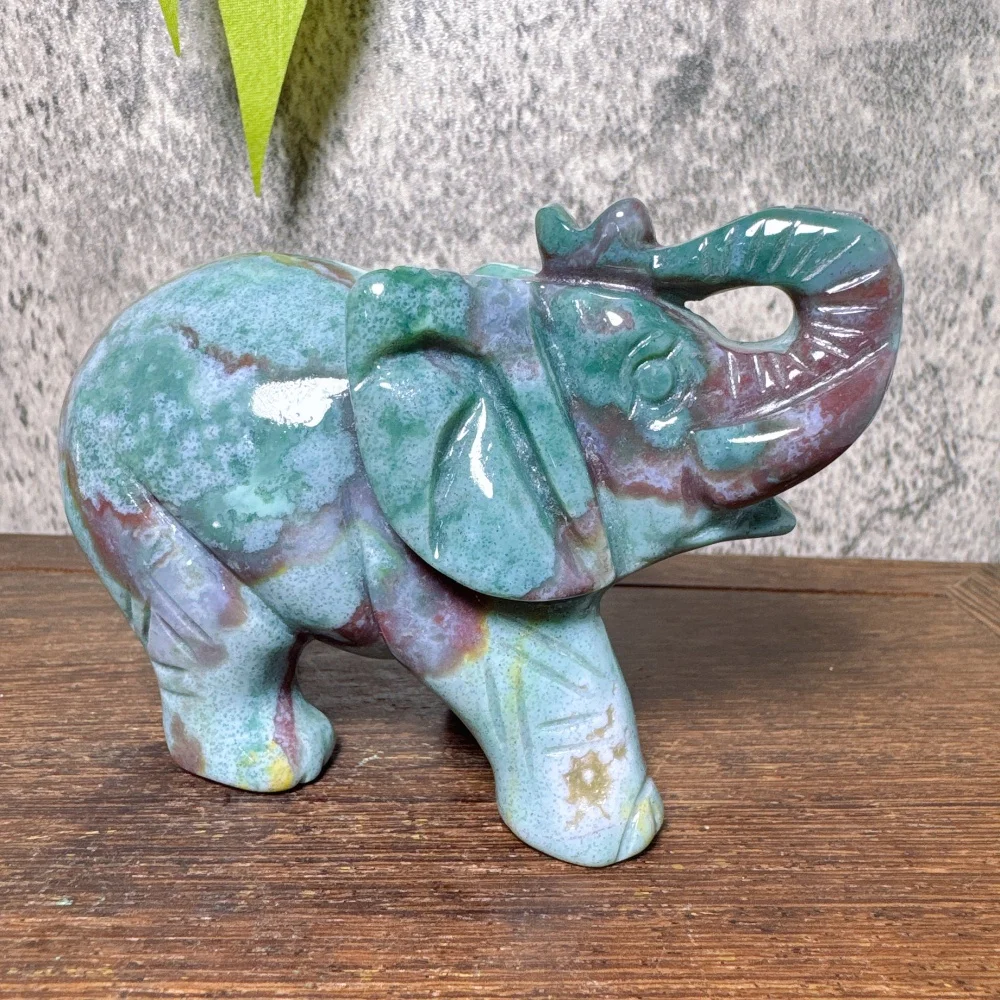 Natural Handcarved Ocean Jasper Elephants Carving Colorful Healing Crystal Reiki Energy Home Decor Cute Animal Gift