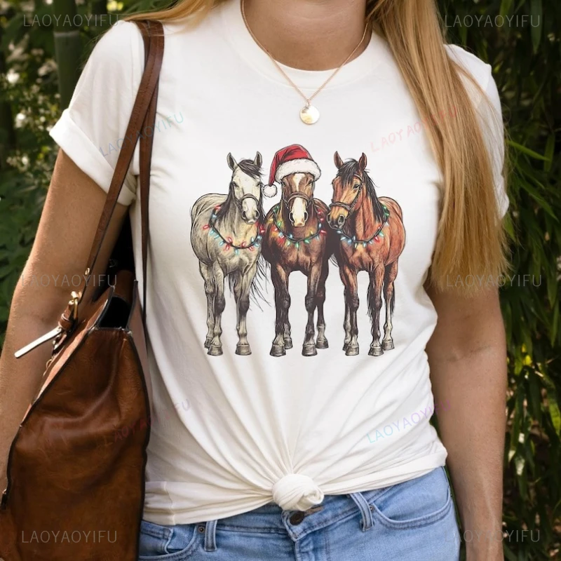 

Подарок для любителей лошадей, рождественская хлопковая футболка с короткими рукавами и животными, новинка, трендовые рождественские футболки с круглым вырезом, повседневная одежда, женские кофточки