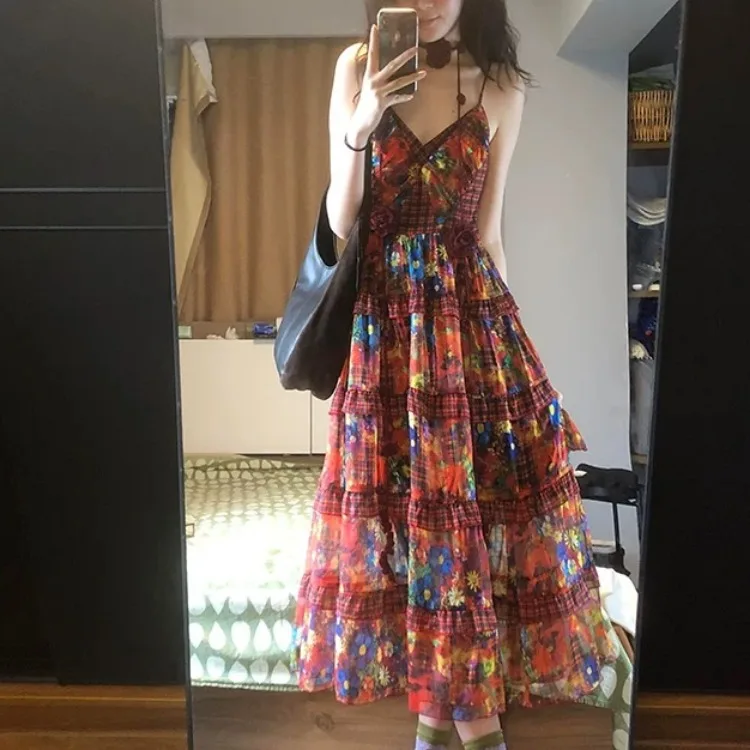 

Retro Floral Print ter Dr Women's Summer New Sle Slimming Holiday Vibes Long Sve Polyester Fiber Gown