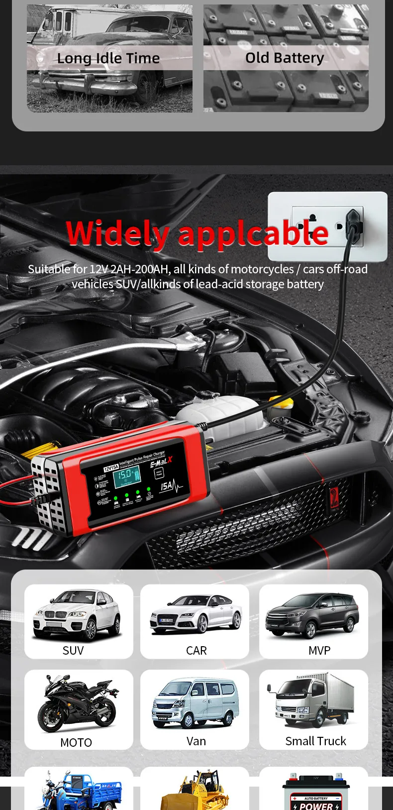 12V 15A Smart Auto Batterie Ladegerät 14,6V 15A Elektrische Motorräder Ladegerät Für Lifepo4 Blei Säure AGM GEL PB Lithium-Batterie Reparatur – Detail 16
