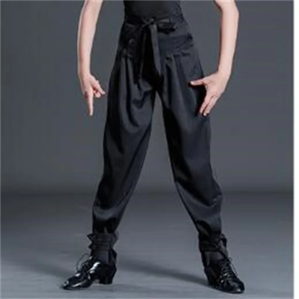 Recién llegado, pantalones de baile latino a rayas para niños, pantalones de baile de salón negros, pantalones con cordones en la cintura para niños, pantalones Cha/Rumba/Samba