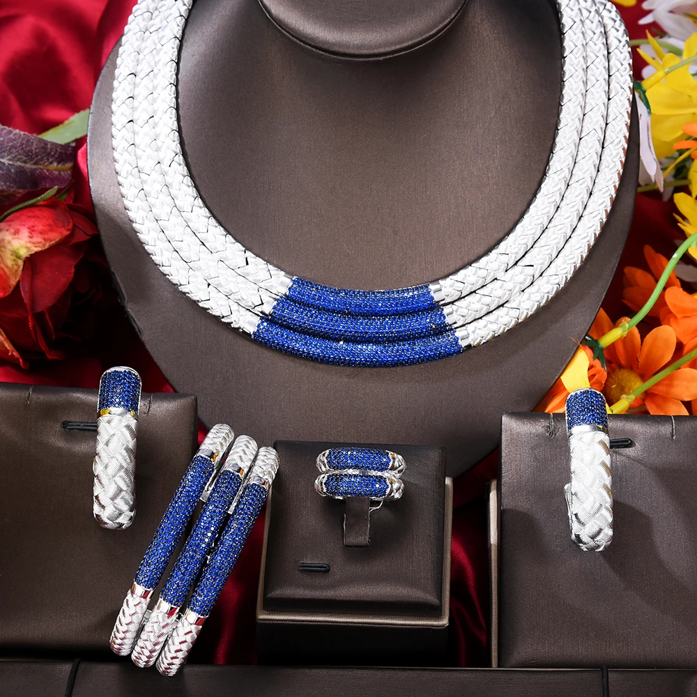 GODKI New Trendy 4PCS 3 Layers African Jewelry Set For Women Wedding Party Indian Dubai Bridal Necklace Earring Jewelry Sets