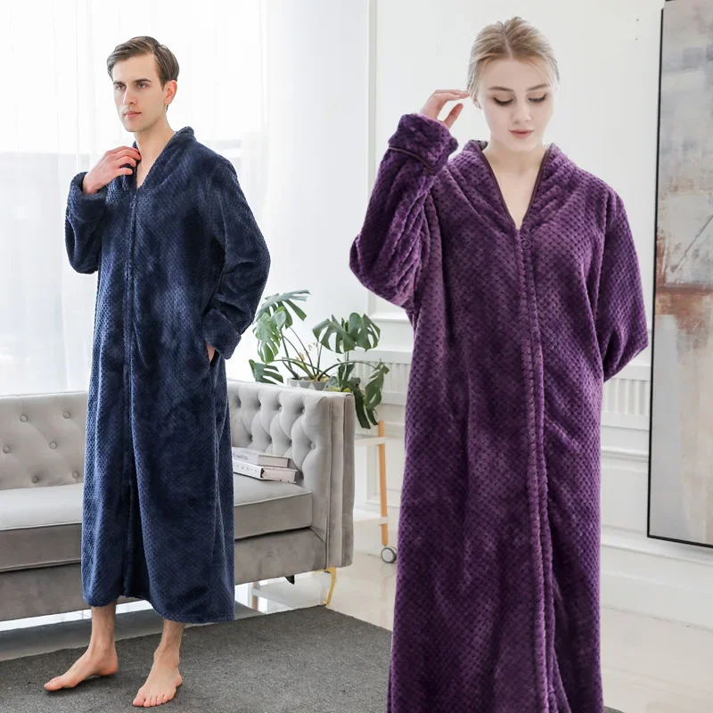 Women's Winter Thick Bathrobe Zipper Loose Fluffy Fleece Ladies Warm Dressing Gown Oversize Solid Couple Homewear Female 2024