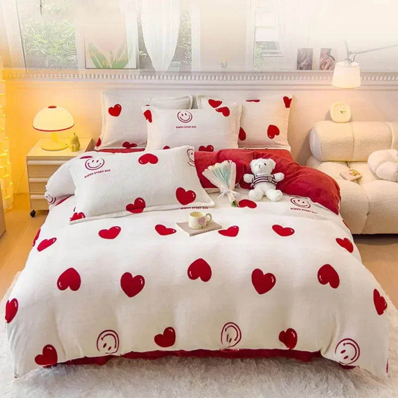 

New Crystal Velvet Warm Bedding Set for Winter Cartoon Flannel Fleece Warmth Duvet Cover Set Queen Soft Comforter Cover Sets