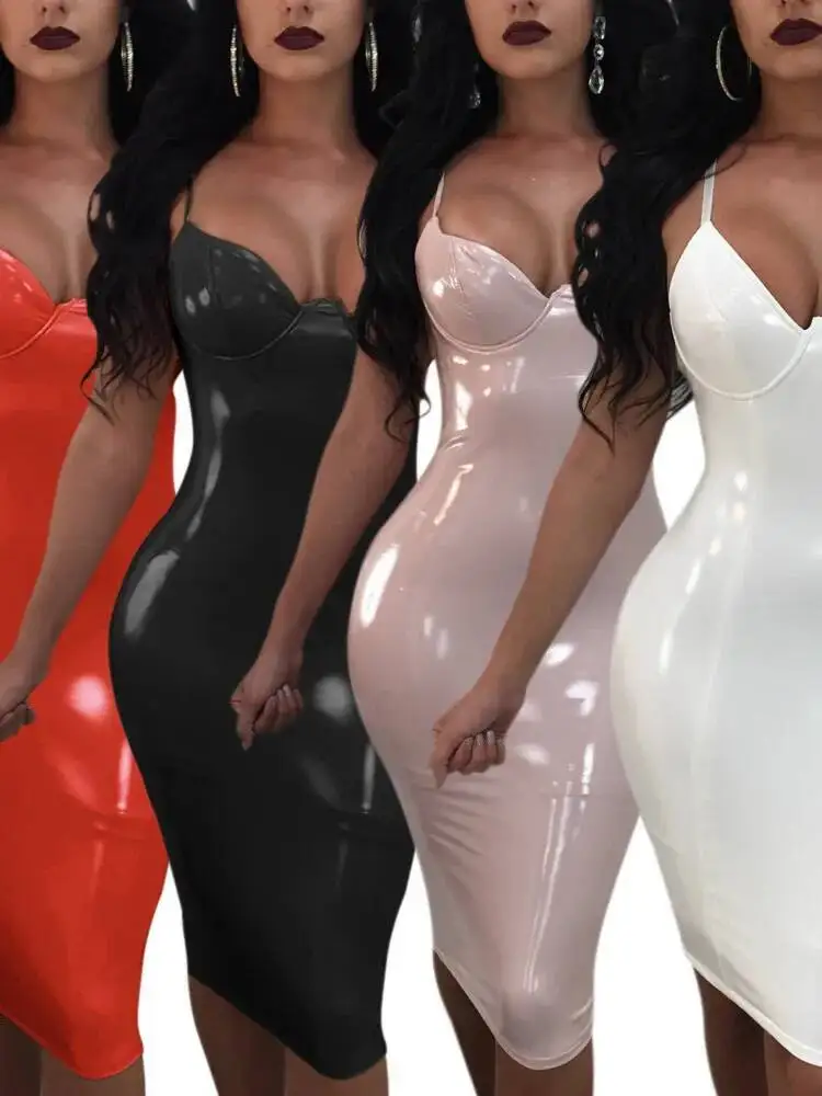 Seksowna sukienka z dekoltem w serek, na ramiączkach, z zamkiem błyskawicznym, rozcięciem u dołu, elegancka sukienka klubowa ze skóry PU, modna, dopasowana, nowa kolekcja 2025, słodkie topy 6YDG