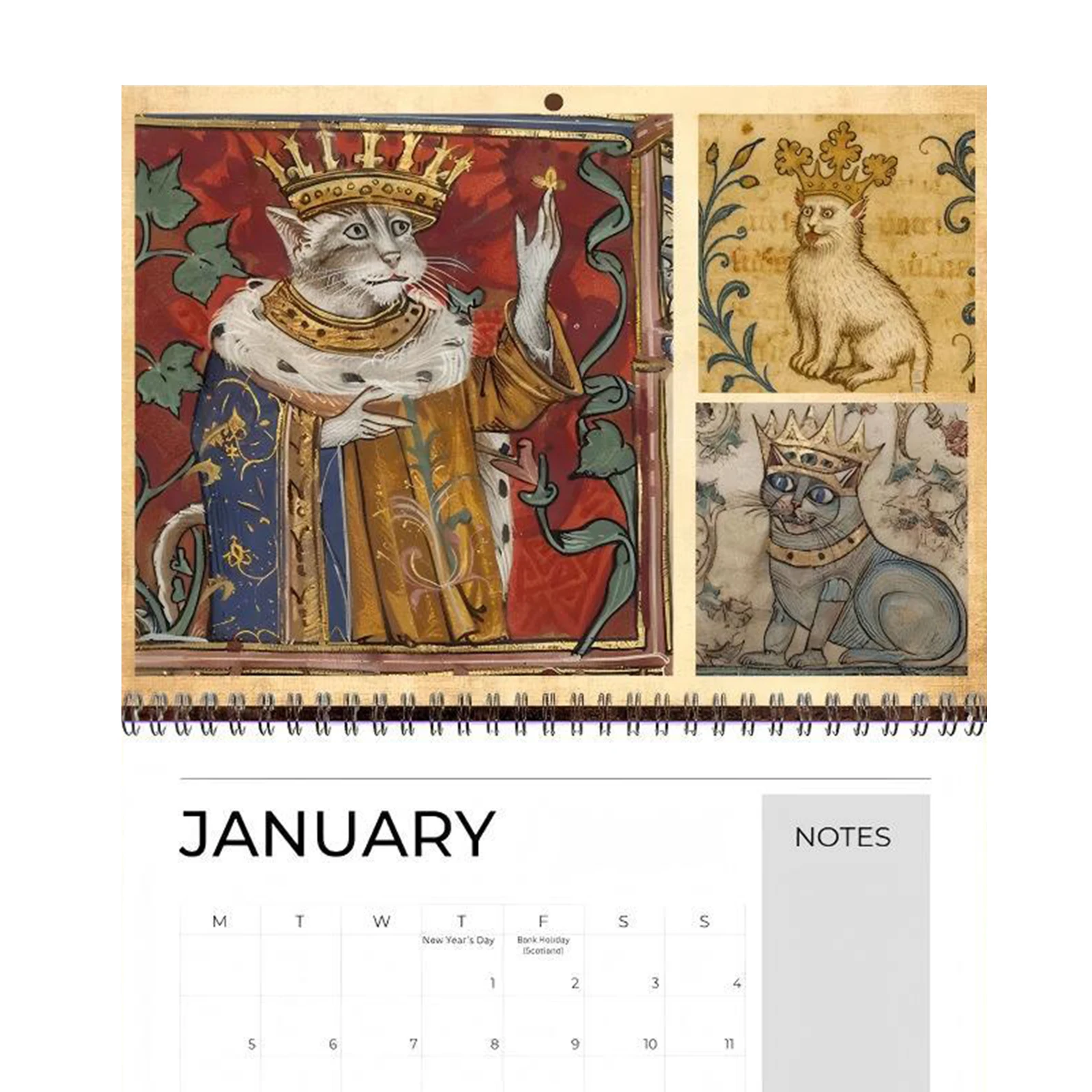 

Настенный календарь с изображением кота на 2026 год. Средневековые кошки с коронами. Календарь на 12 месяцев. Настенный календарь с изображением кота. Подарок для любителей кошек и любителей искусств.