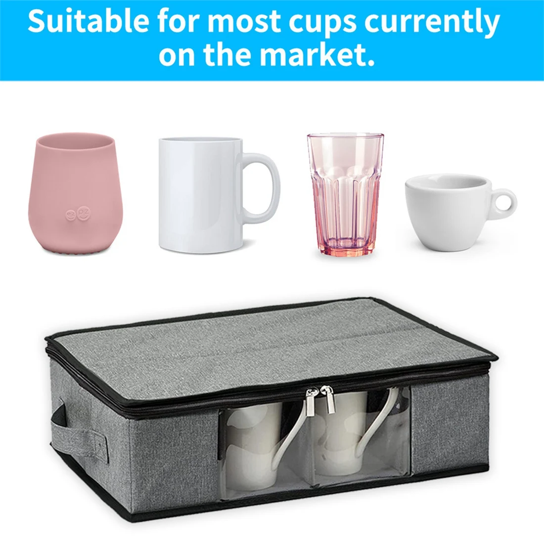 Mug and Cup Storage Box, Coffee Mug Organizer Tea Cup Storage Container, Glass Mug Storage Chest Case with Dividers