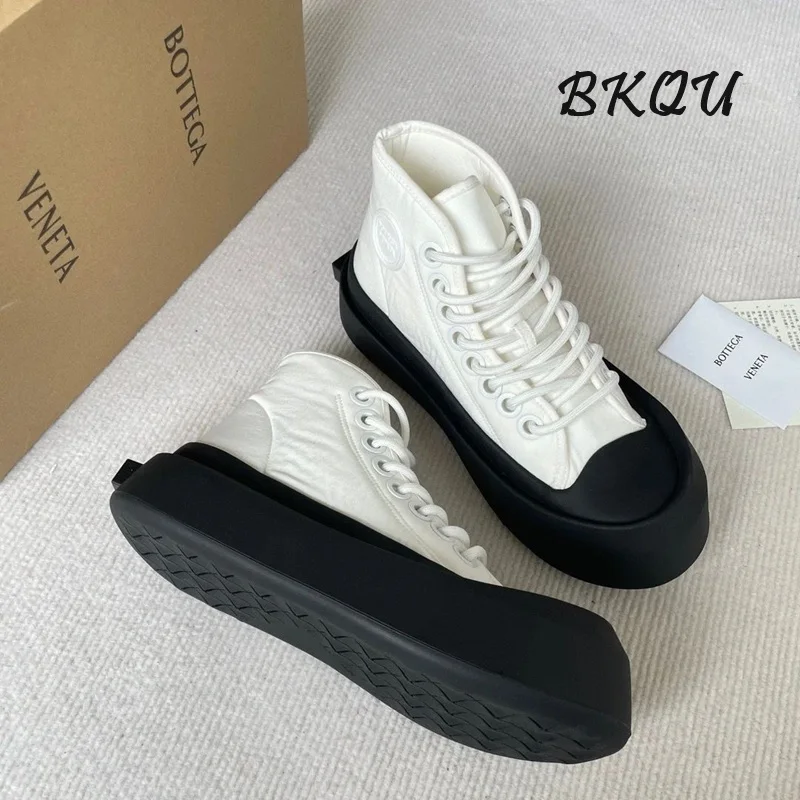 BKQU Canvas High-top Casual Shoes Women 2024 Trend New Big-head Shoes Lace-up Sports Matching Color Design Sense of High Quality