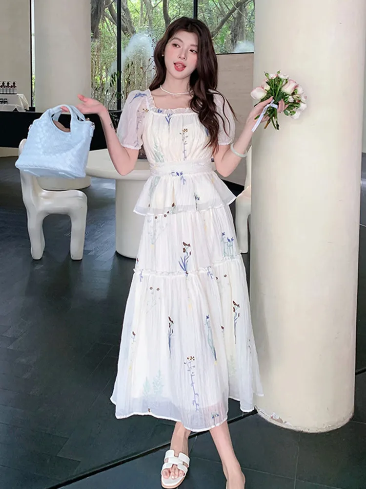 

Summer Apricot Embroidery Floral Two Piece Sets Women's Square Collar Puff Sleeve Elastic Tops Long Skirt Vacation Style Outfits