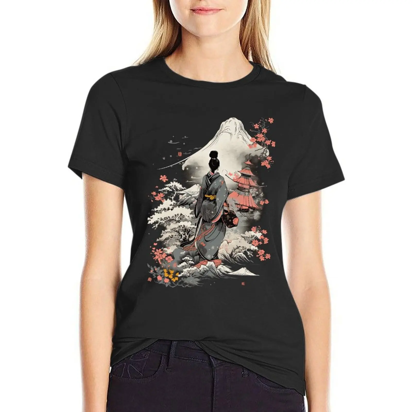 Japanese Style Drawing Of A Woman In A Field Of Flowers T-Shirt tops sublime Aesthetic clothing white t shirts for Women